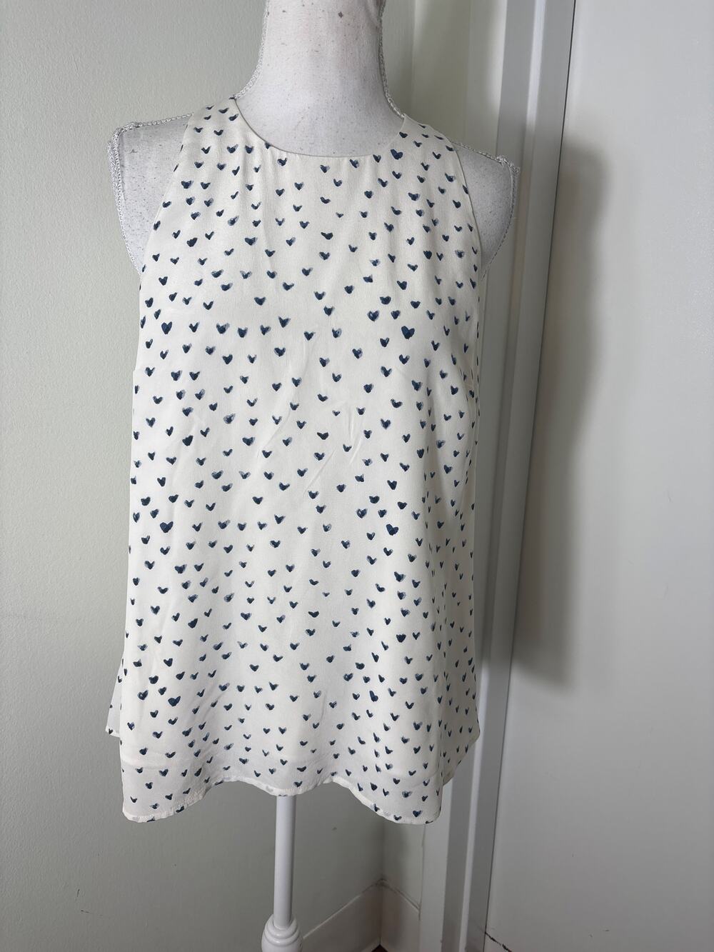 Joie Off White Blue Water Color Hearts SLeeveless Racerback Top Sz S